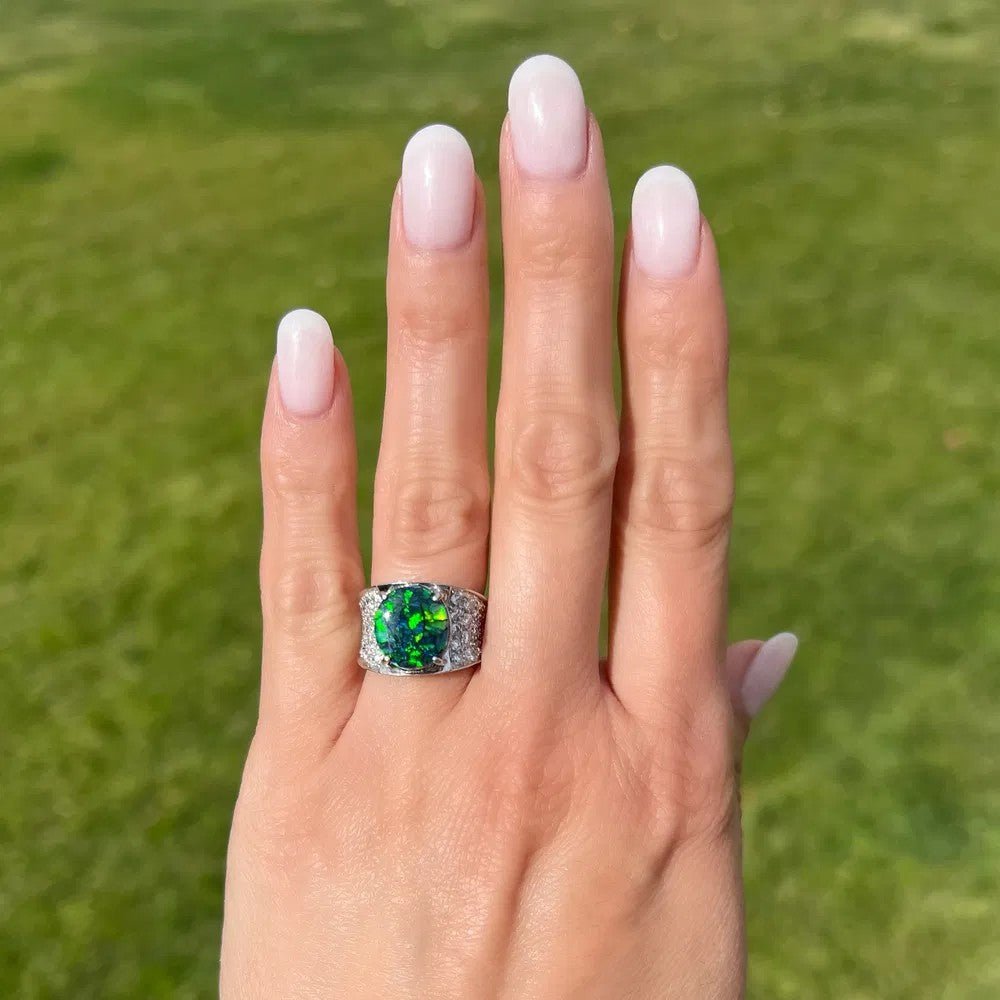 Black Harlequin Opal & Diamond Ring - Kelly Wade Jewelers