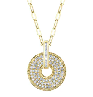 14k yellow gold dimaond disc with paperclip chain
