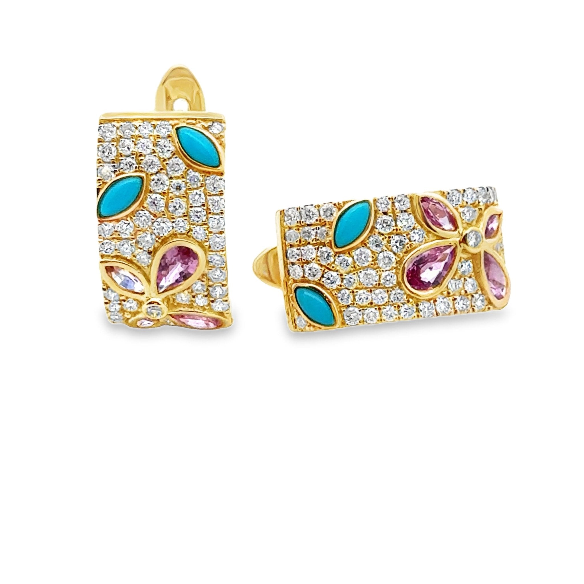 Pink Sapphire & Turquoise Diamond Earrings - Kelly Wade Jewelers