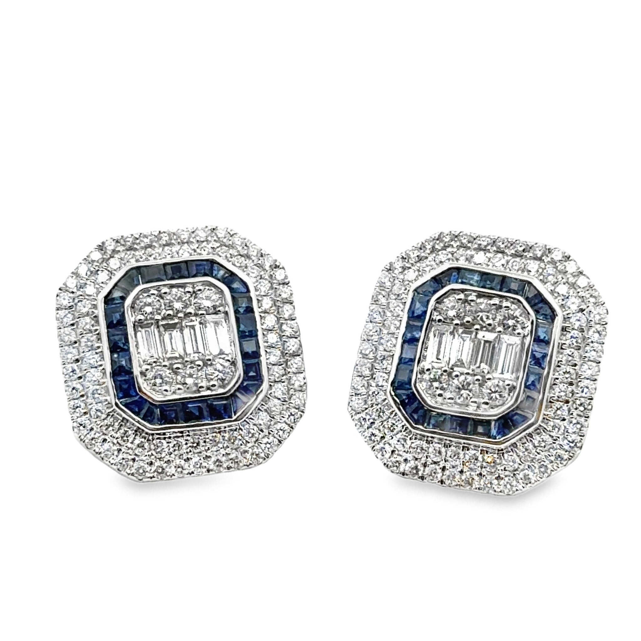 Triple Halo Diamond & Sapphire Earrings - Kelly Wade Jewelers