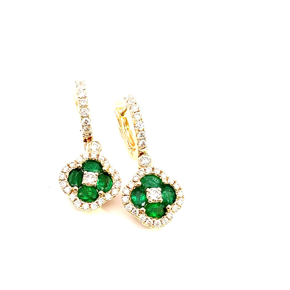 Diamond hoop earrings with emerald flower dangles