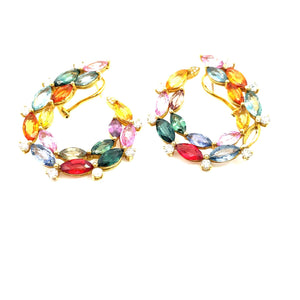 18KW Multi-Colored Sapphire and Diamond C-Shaped Earrings