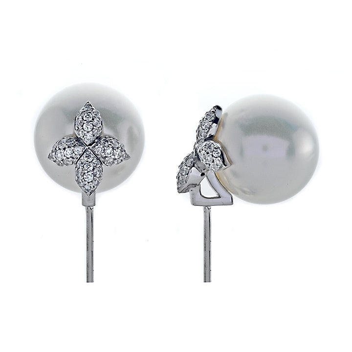 South Sea Pearl Earrings with Pave Diamond Flower