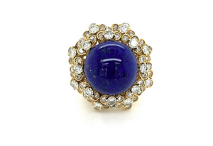 Cabochon lapis and diamond cluster waterfall ring