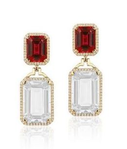 Garnet and Moon Quartz Diamond Dangle Earrings
