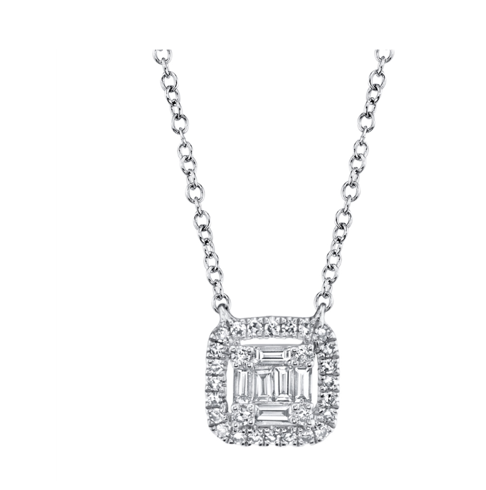 
                
                    Load image into Gallery viewer, Baguette Diamond with Pave Diamond Halo Necklace White Gold
                
            