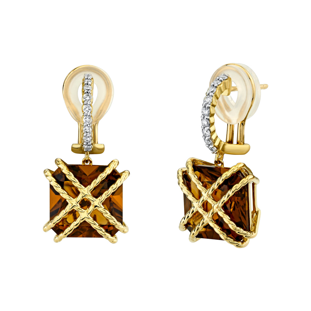 Cinnamon quartz and diamond drop earrings