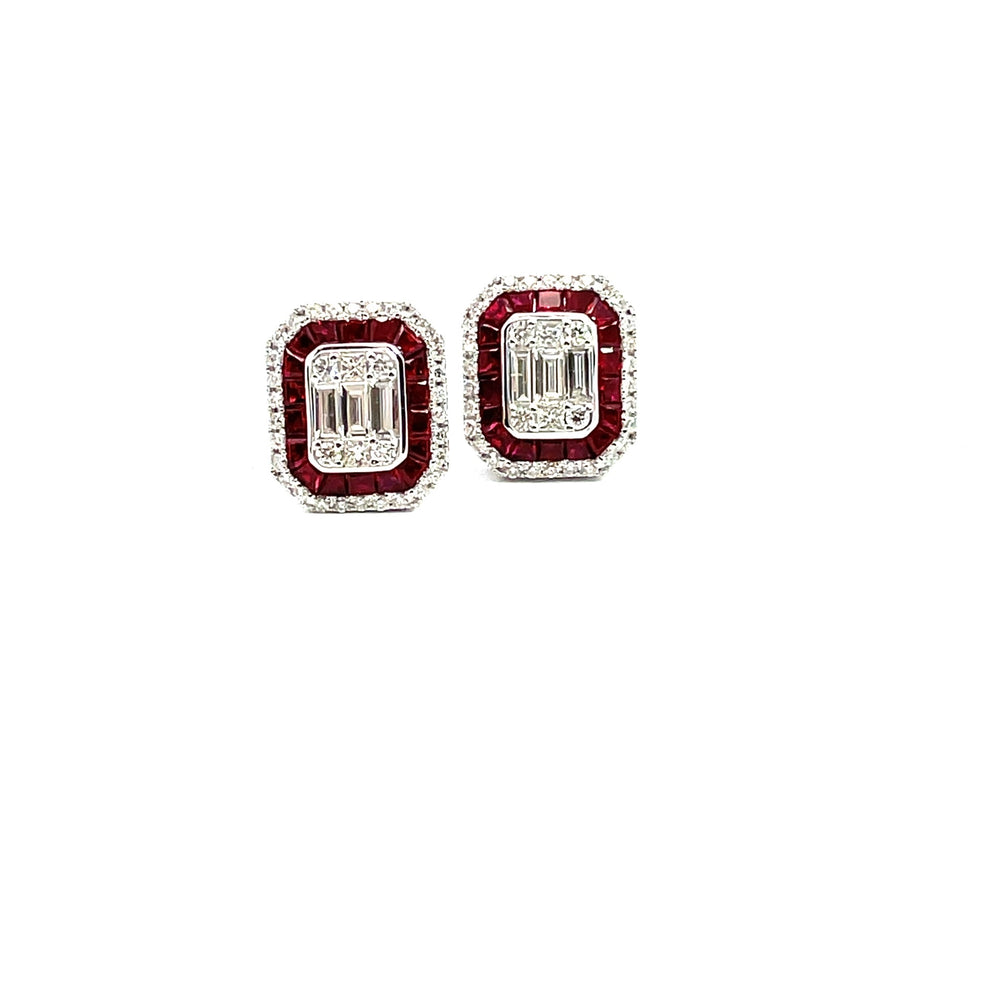 18KW Illusion Set Diamond and Ruby Earrings