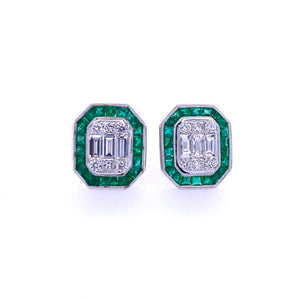 Illusion set emerald and diamond earrings
