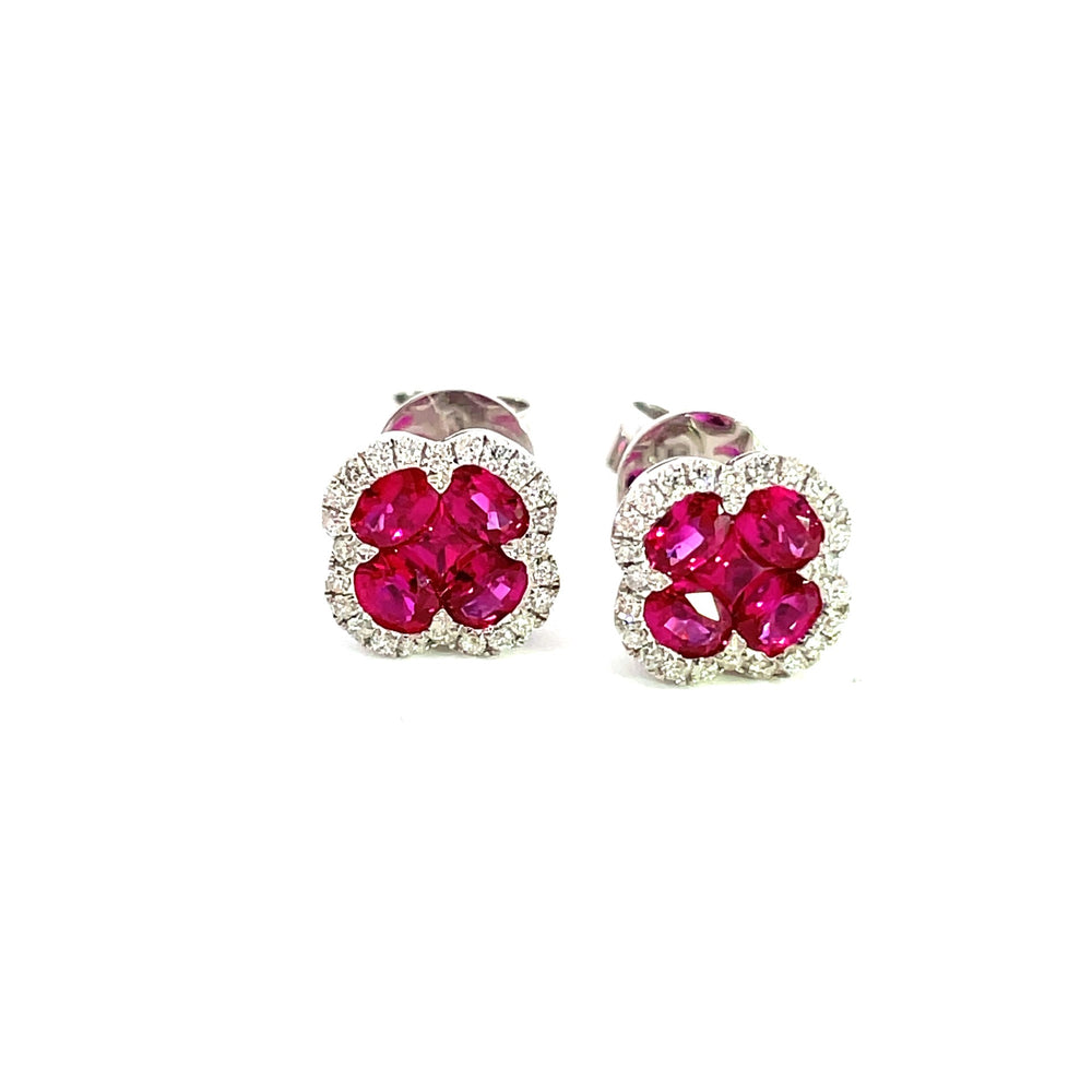 18KW Ruby and Diamond Flower Stud Earrings