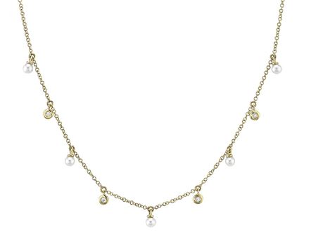 Bezel set diamond and pearl dangle necklace