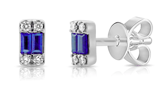 14KW Baguette Sapphire and Diamond Stud Earrings