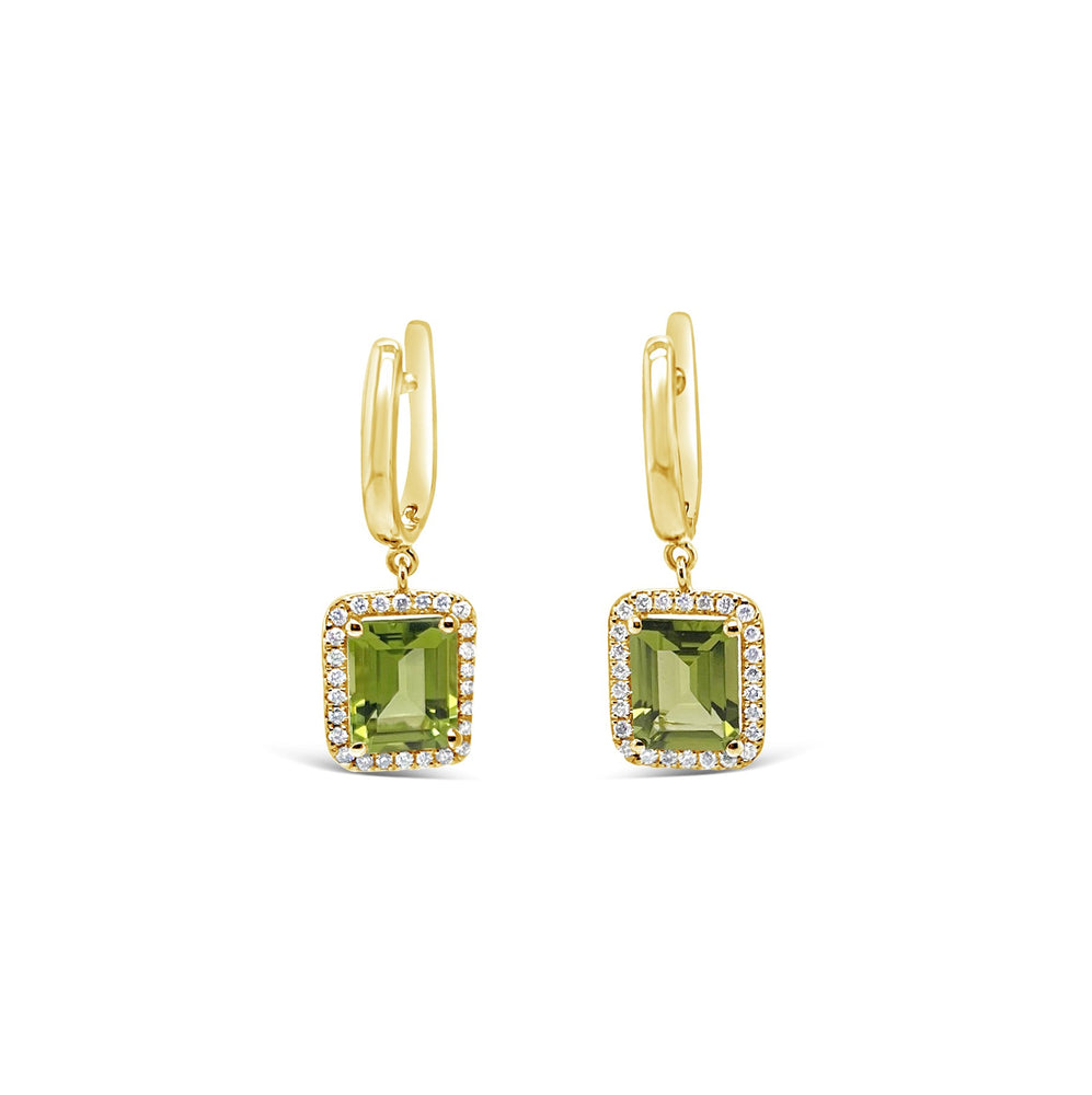 Emerald cut peridot and diamond dangle earrings