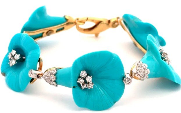 Carved Turquoise Diamond Flower Bracelet - Kelly Wade Jewelers