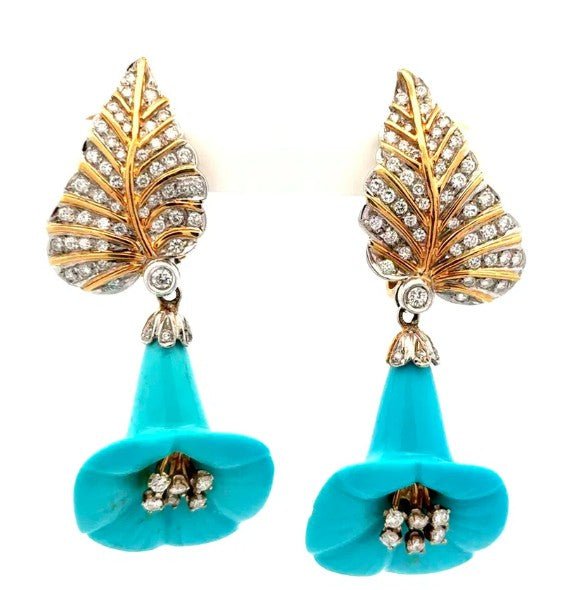 Carved Turquoise Diamond Flower Earrings - Kelly Wade Jewelers