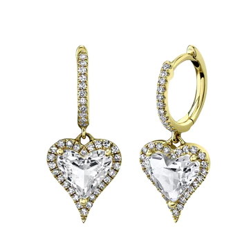 Diamond hoop with white topaz heart dangle earrings
