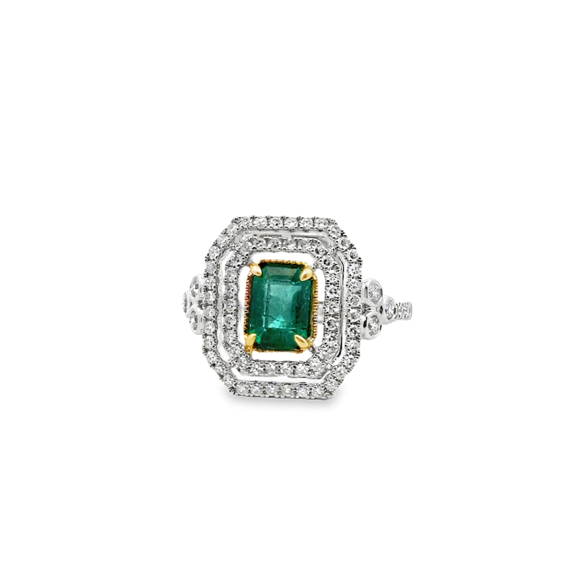 Emerald & Double Diamond Halo Ring - Kelly Wade Jewelers