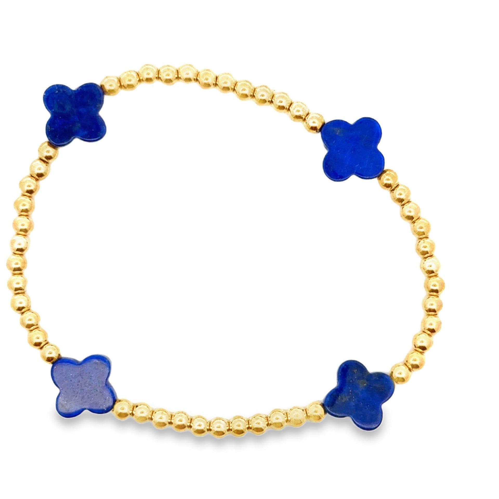 Gold Bead Stretch Bracelet With Lapis Clovers - Kelly Wade Jewelers