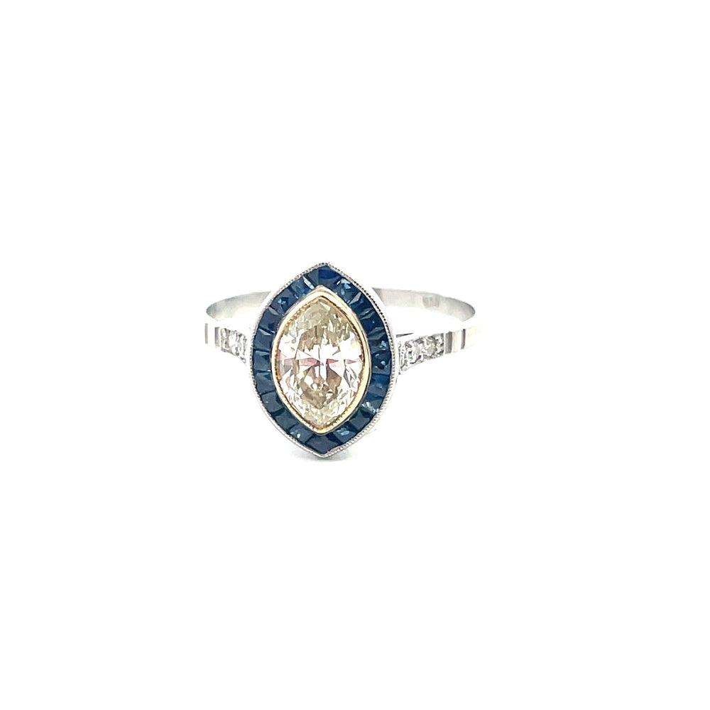 Marquis Diamond Ring with Sapphire Halo - Kelly Wade Jewelers Store