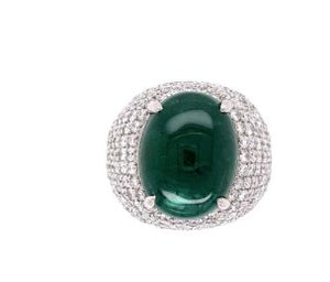 Platinum cabochon emerald with diamonds dome ring - Kelly Wade Jewelers Store