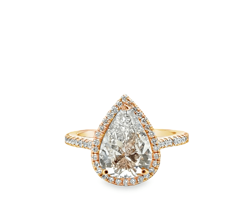 Rose Gold Pear Diamond with Diamond Halo Ring - Kelly Wade Jewelers