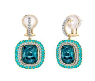 Topaz Diamond Turquoise Halo Earrings - Kelly Wade Jewelers Store