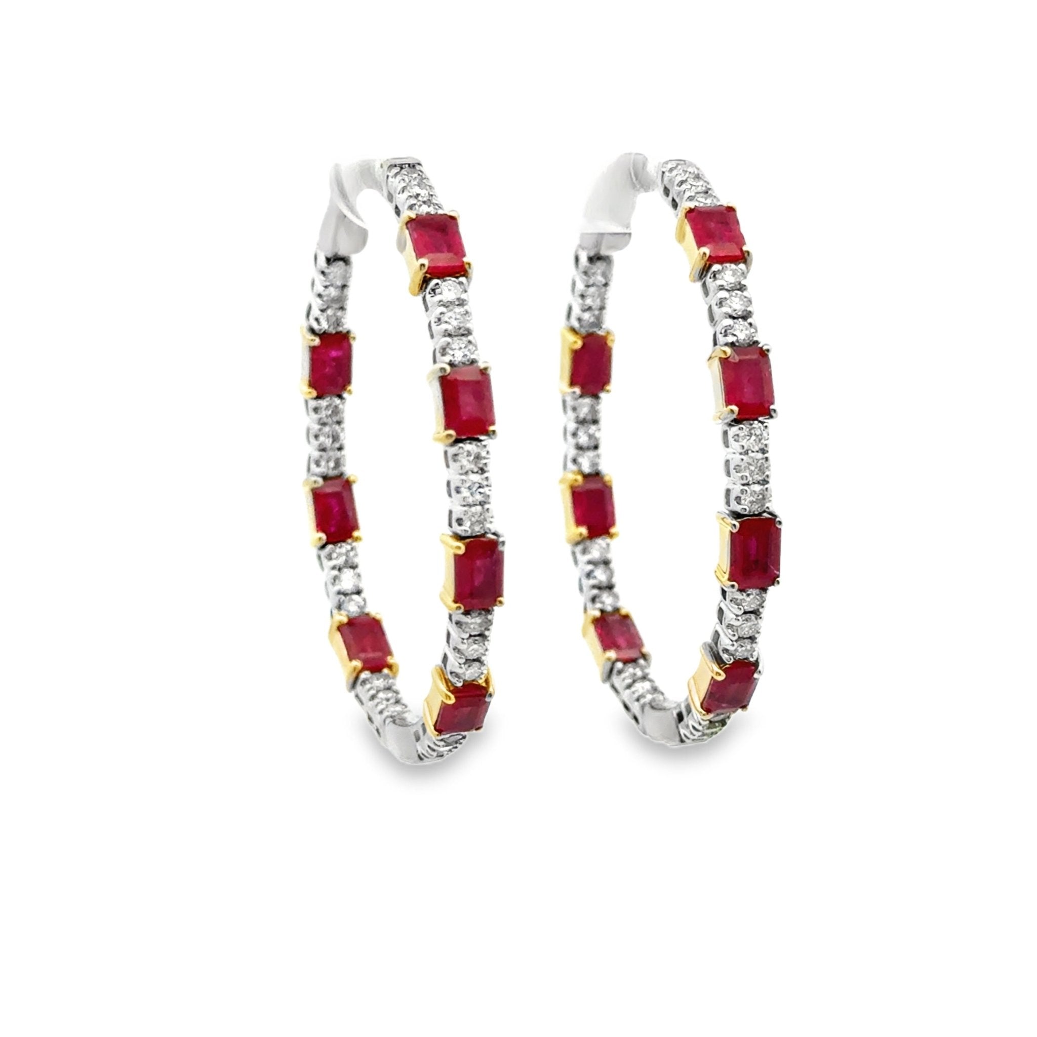 Two Tone Ruby & Diamond Hoops - Kelly Wade Jewelers